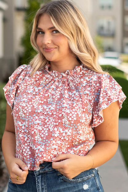 Plus Size Floral Print Ruffled Sleeve Frilled Neck Blouse | Pink