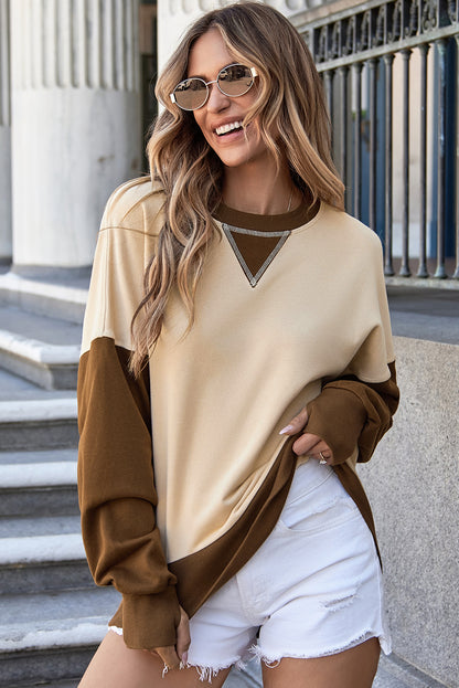 Apricot Color Block Thumbhole Sleeve Drop Shoulder Sweatshirt