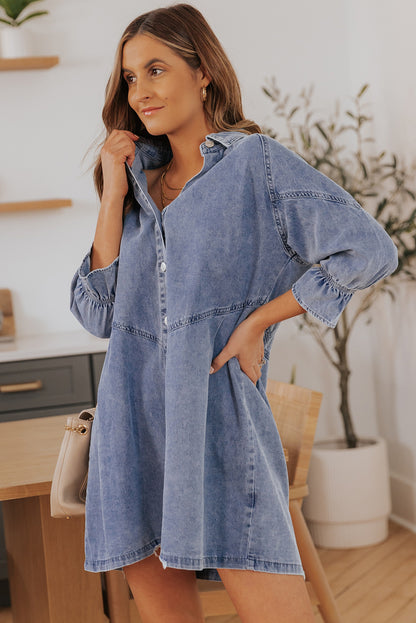 Buttoned Long Sleeve Denim Mini Dress | Sky Blue