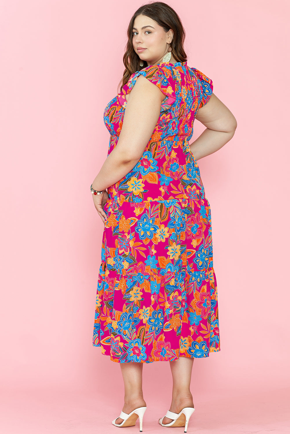 Floral Print Ruffled Sleeveless Plus Size Long Dress | Red