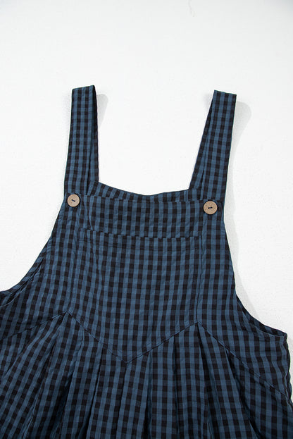 Plaid Print Buttoned Pocketed High Waist Overall | Sail Blue