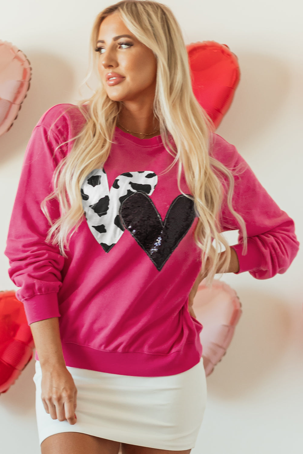 Cow & Sequin Double Heart Patch Graphic Sweatshirt | Strawberry Pink