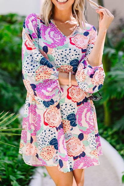 Bracelet Bubble Sleeve Blooming Flower Print Dress | Multicolour