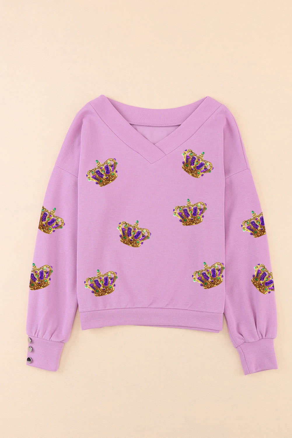 Mardi Gras Sequin Crown V Neck Pullover | Purple