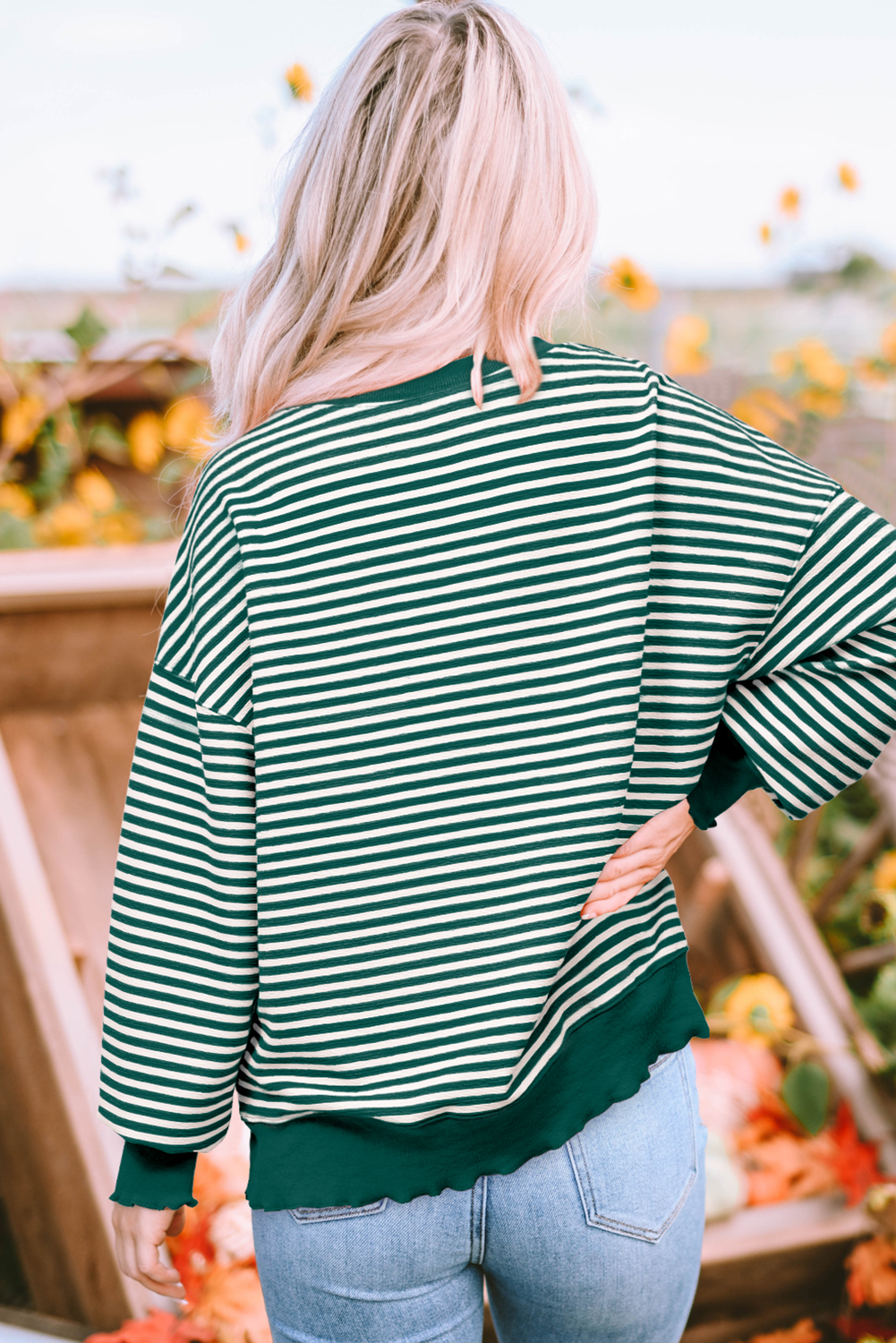 Chenille Lucky Patched Pattern St Patrick Long Sleeve Top | Green Stripe