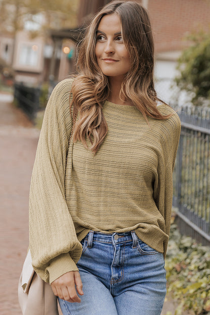 Lantern Sleeve Eyelets Textured Knit Sweater | Apricot