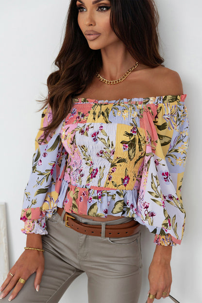 Smocked Floral Frilled Trim Square Neck Blouse | Multicolour