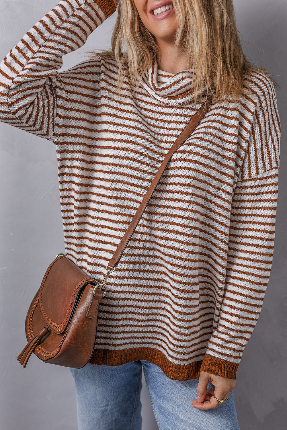 Striped Turtleneck Loose Sweater | Brown