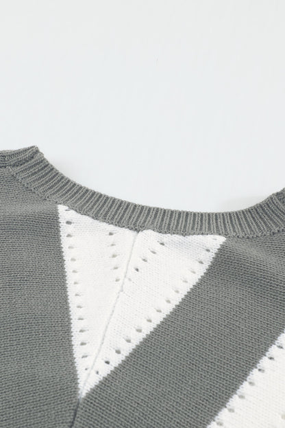 Striped Colourblock V Neck Knitted Sweater | Gray