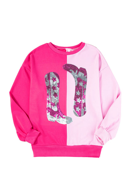 Colour Block Sequined Cowgirl Boots Graphic Sweatshirt | Pink