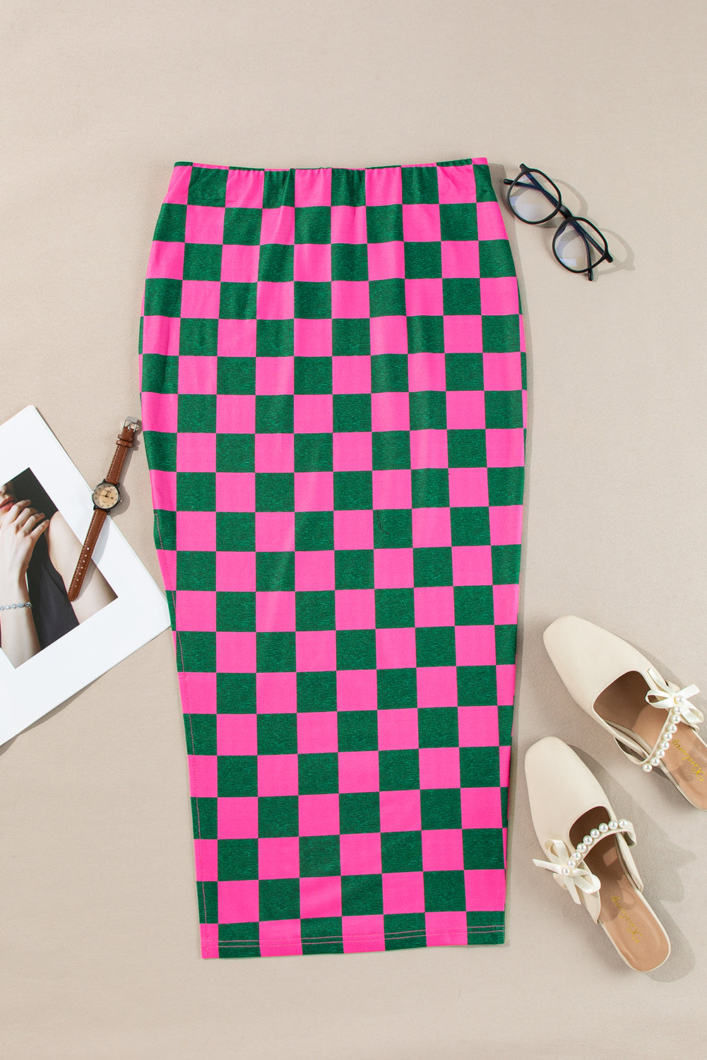 Checkered Print Side Slit High Waist Midi Skirt | Rose