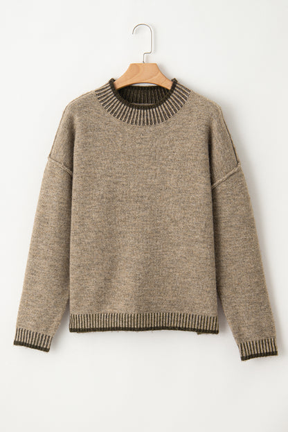 Contrast Trim Mock Neck Drop Shoulder Sweater | Pale Khaki