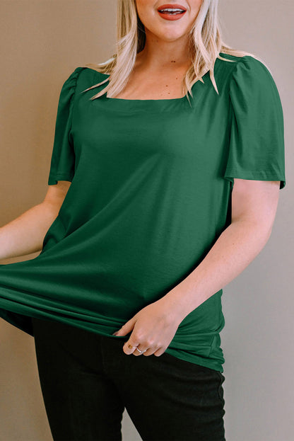 Plus Size Square Neck Ruched Shoulder Short Sleeve Top | Green