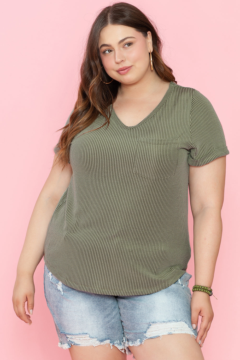 Plus Size Corded V Neck Patch Pocket Tee | Meadow Mist Green