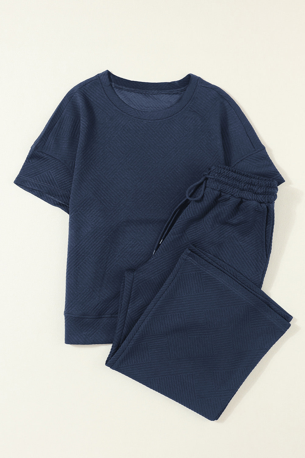 Textured Loose Fit T Shirt And Drawstring Pants Set | Navy Blue