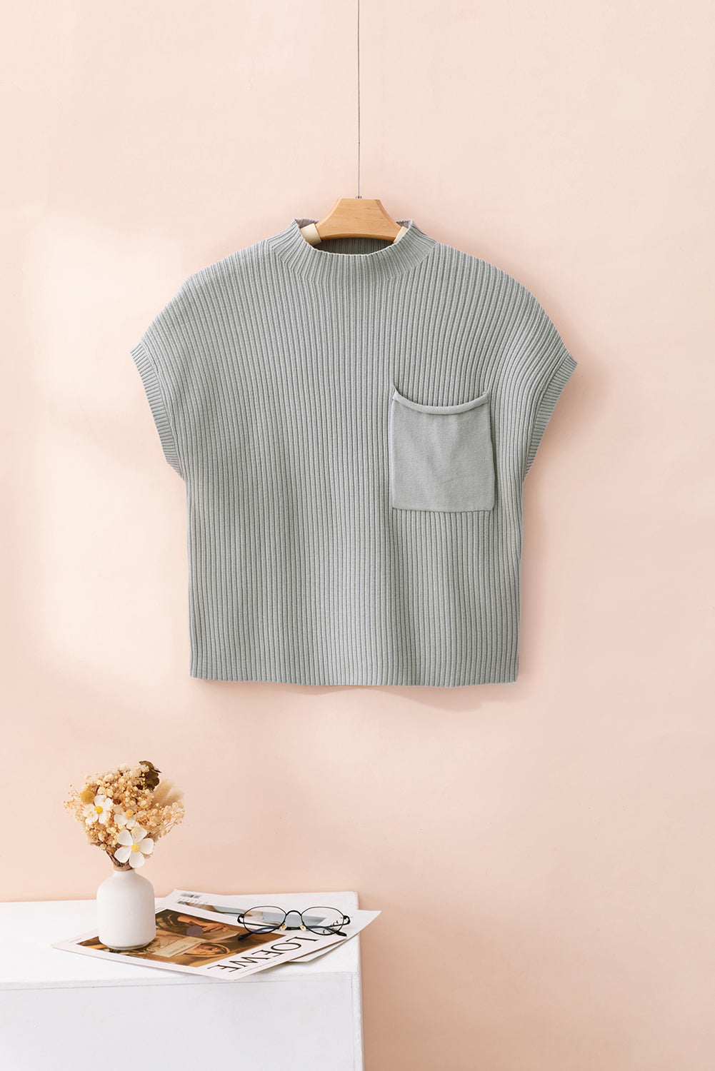 Patch Pocket Ribbed Knit Short Sleeve Sweater | Gray