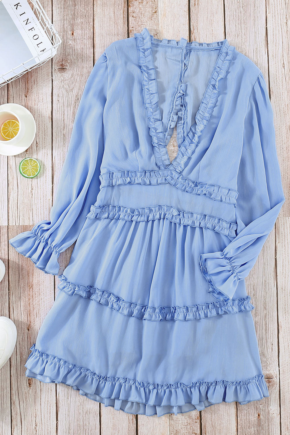 V Neck Ruffle Detailing Open Back Dress | Sky Blue