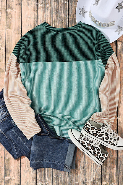 Colour Block Long Sleeve Ribbed Loose Top | Green