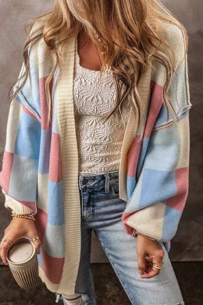 Checkered Drop Shoulder Exposed Seam Open Front Cardigan | Light Blue