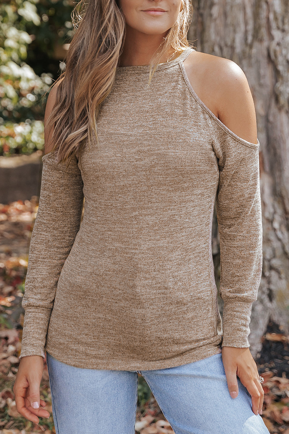 Marble Knit Cold Shoulder Long Sleeve Top | Khaki