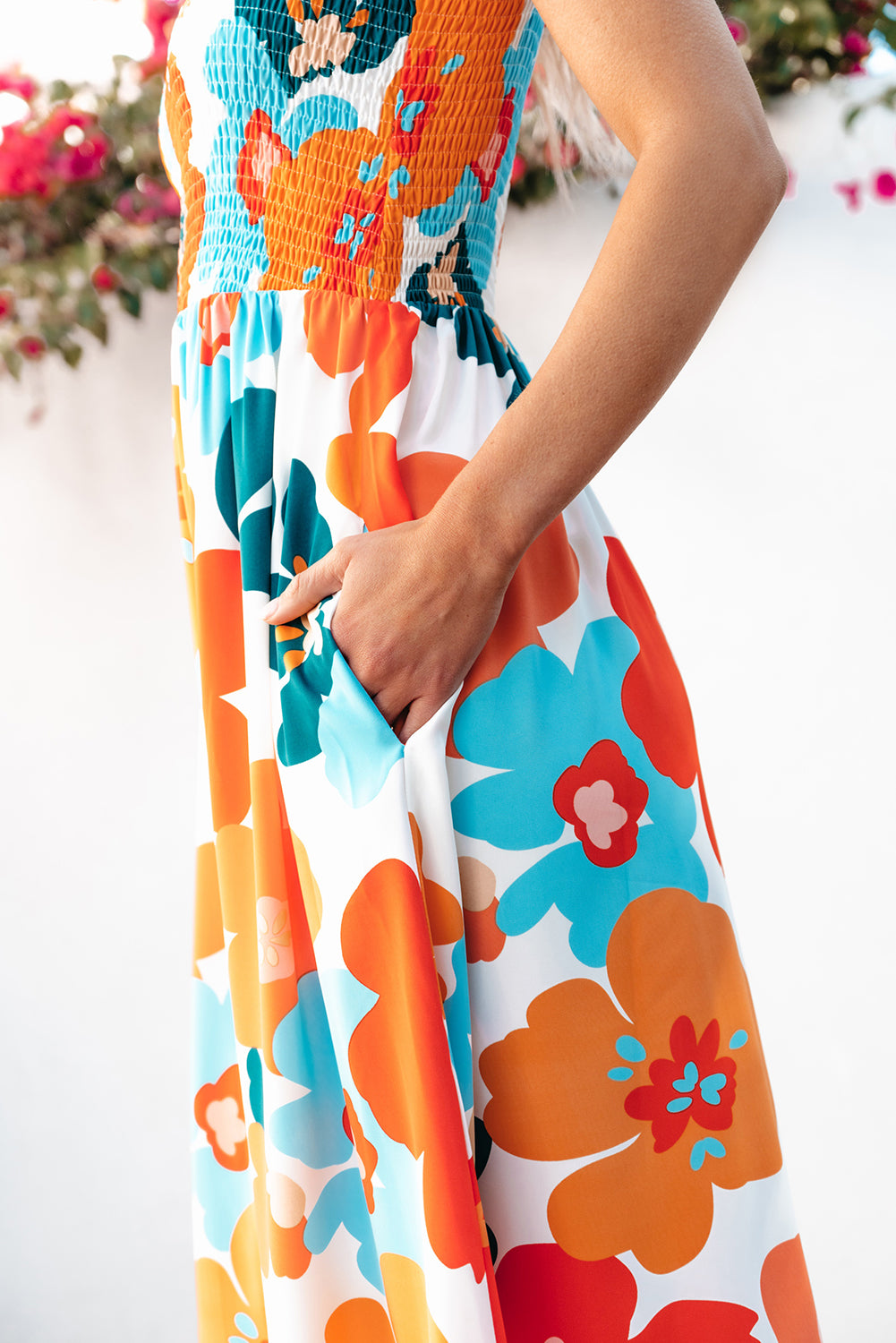 Floral Self Tied Straps Smocked Bust Maxi Dress | Orange