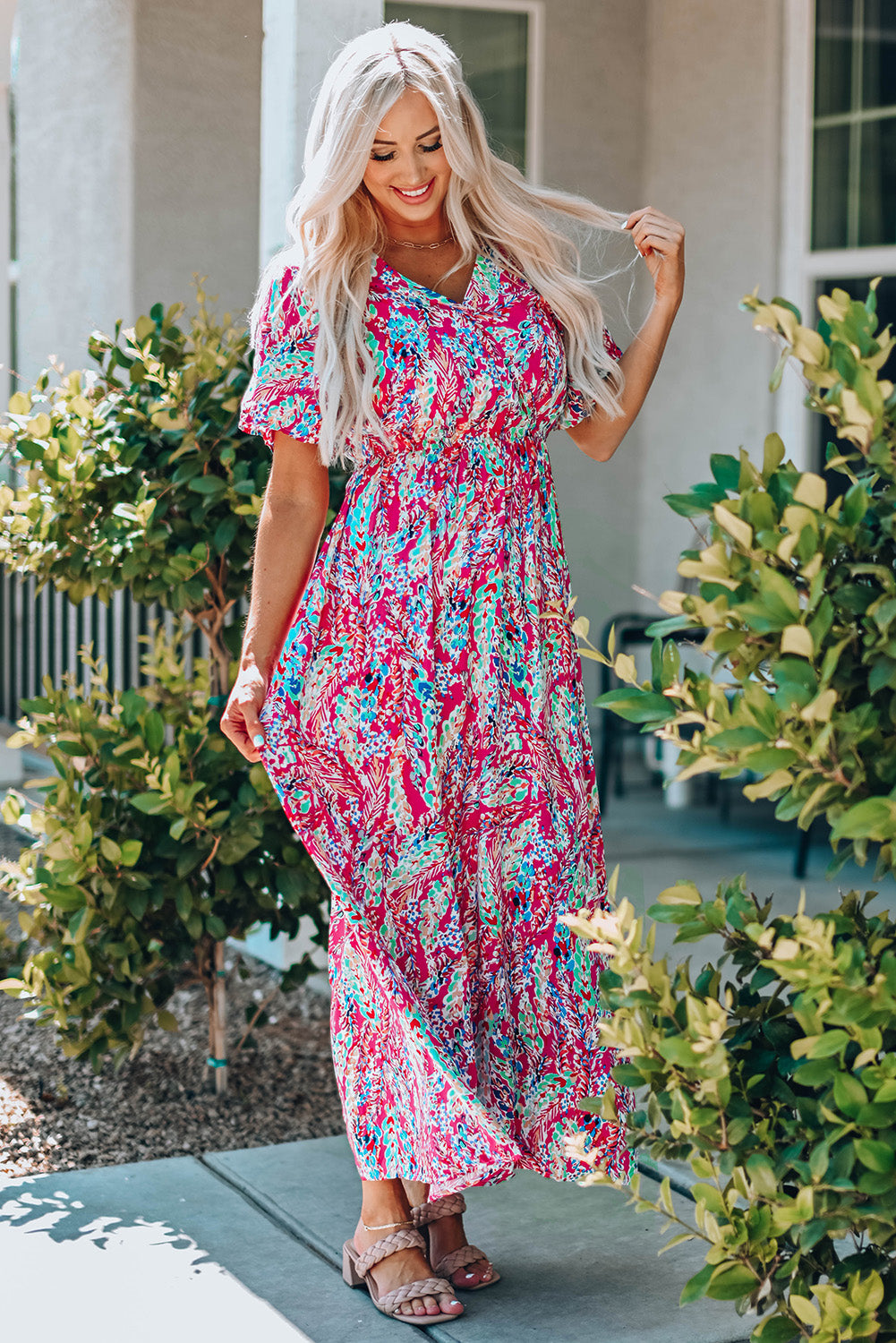 Wrap V Neck Floral Maxi Dress | Red