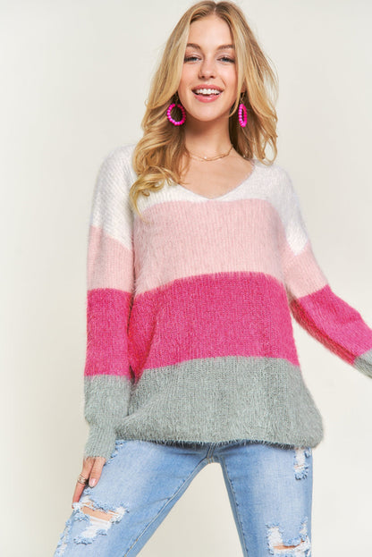 Striped Colour Block Fuzzy V Neck Sweater | Stripes