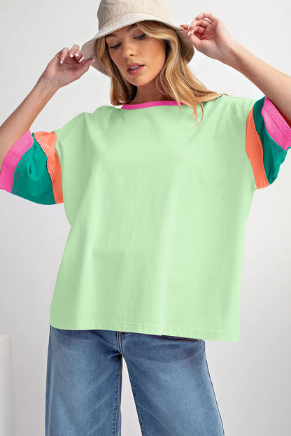 Colour Block Stitching Sleeve Round Neck Oversize Top | Green