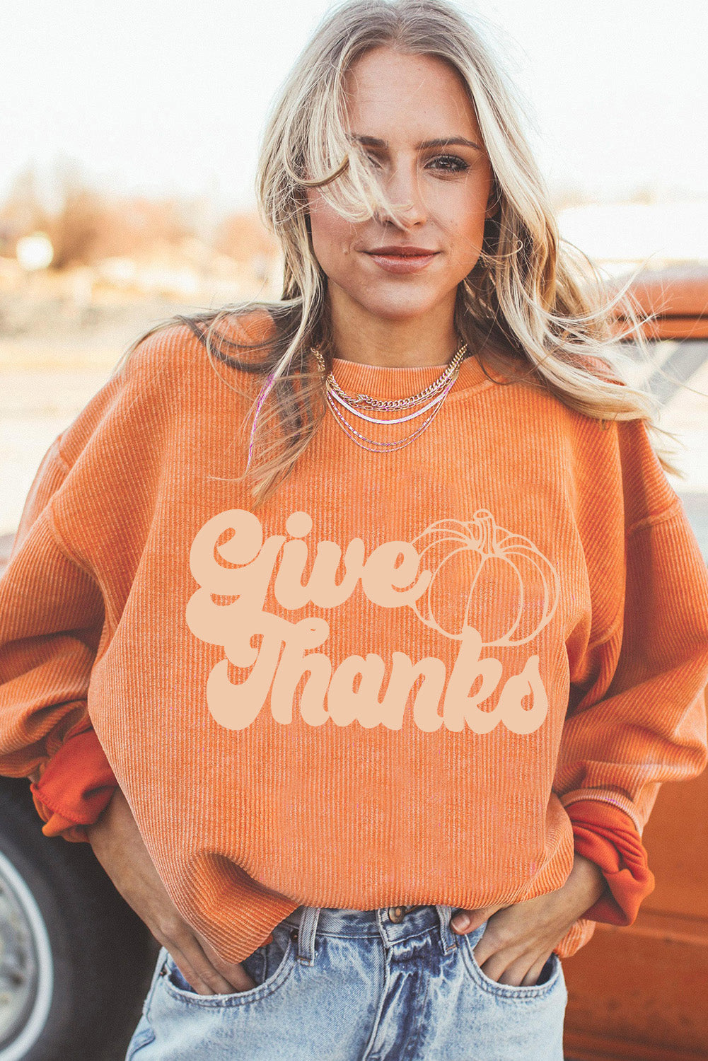 Give Thanks Pumpkin Graphic Corded Sweatshirt | Orange