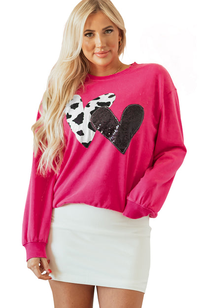 Cow & Sequin Double Heart Patch Graphic Sweatshirt | Strawberry Pink