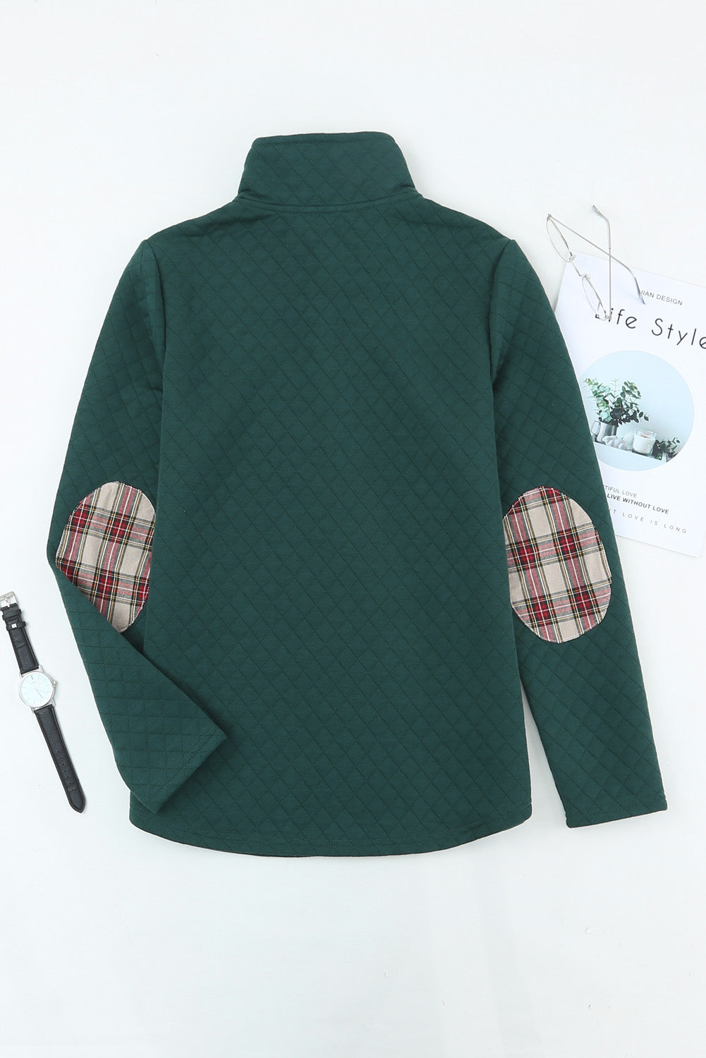 Geometric Texture Plaid Trim Sweatshirt | Green