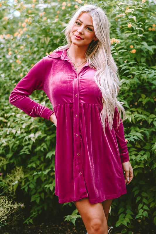 Rose Long Sleeve Ruffle Velvet Button Up Dress