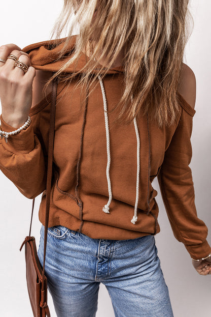 Exposed Seam Cold Shoulder Drawstring Hoodie | Cinnamon