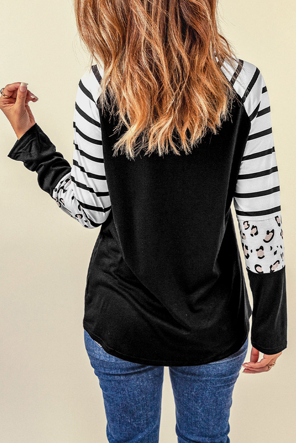 Striped Animal Print Colourblock Long Sleeve Top | Black