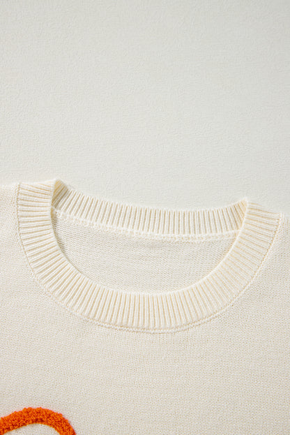 Boo Knitted Pattern Ribbed Edge Drop Shoulder Sweater | Apricot