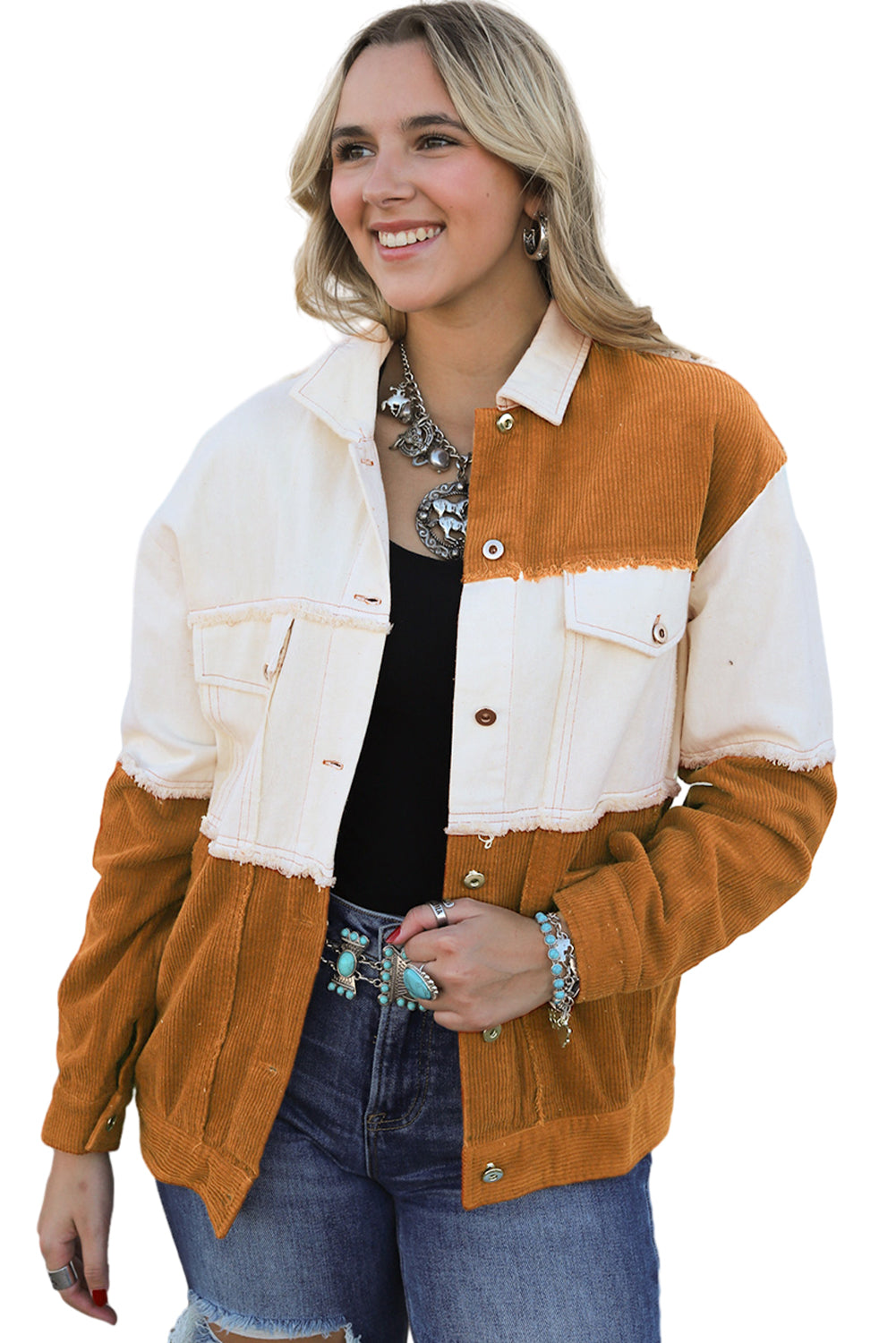 Colourblock Flap Pocket Raw Edge Buttoned Jacket | Brown