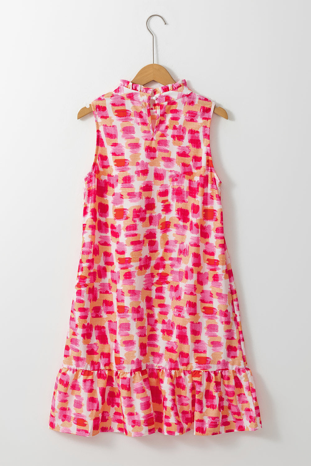 Abstract Print Frilly Neck Sleeveless Mini Dress | Pink