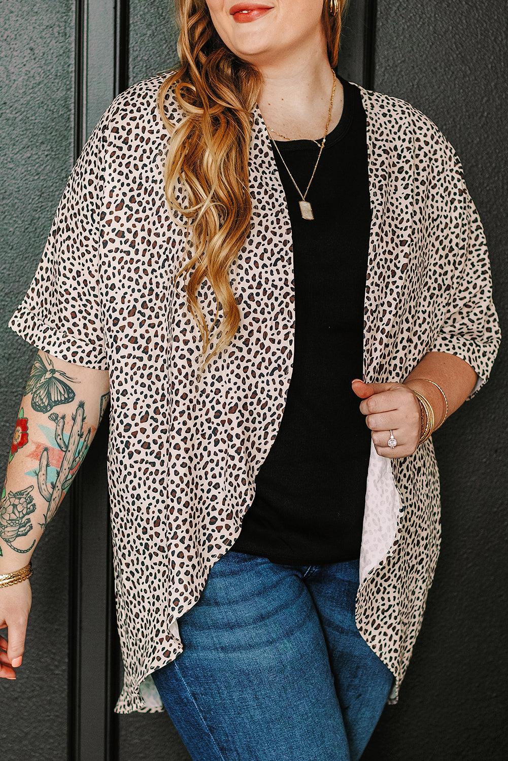 Plus Size Leopard Print Half Sleeve Open Front Cardigan | Khaki