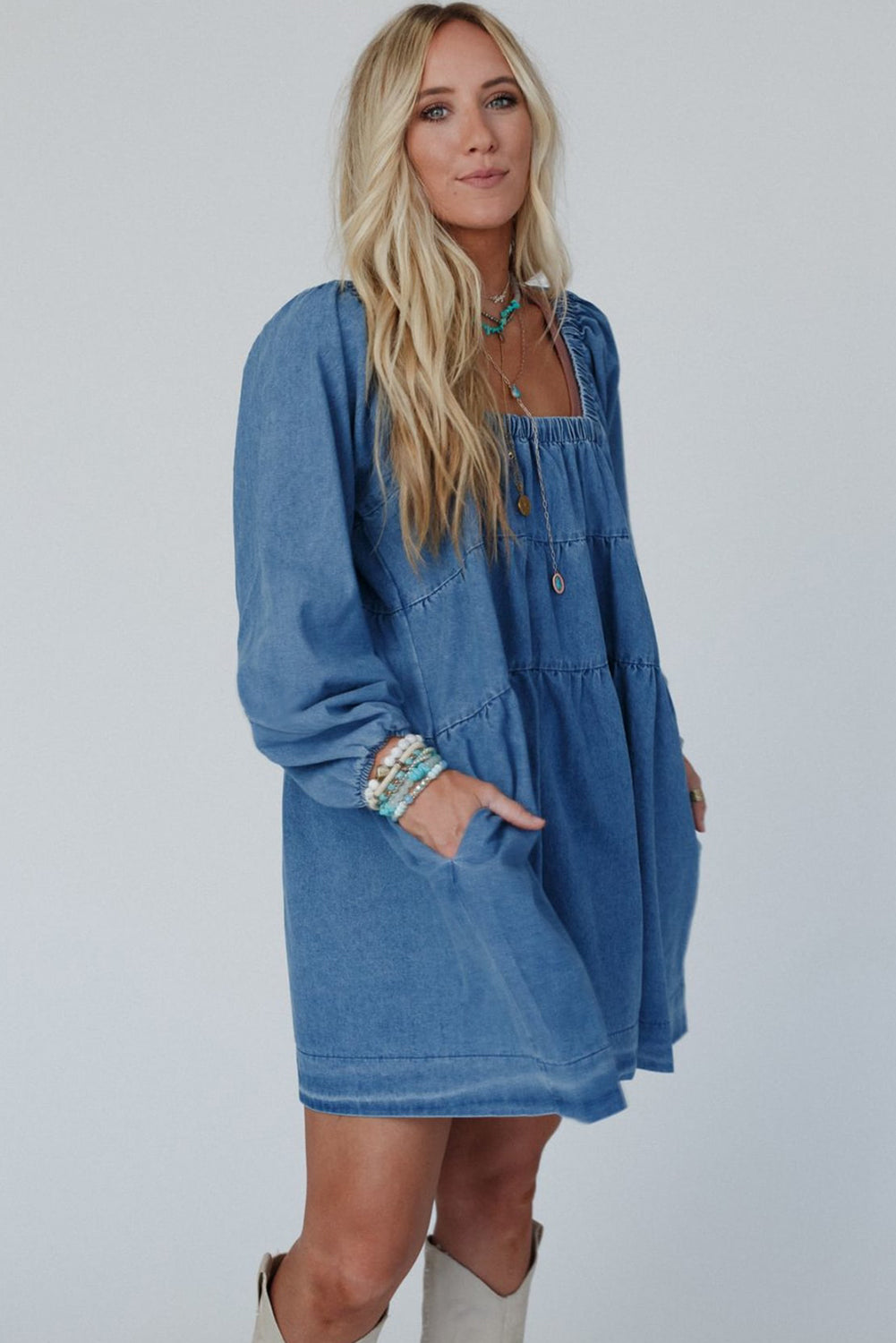 Square Neck Side Pockets Loose Fit Denim Mini Dress | Dusk Blue