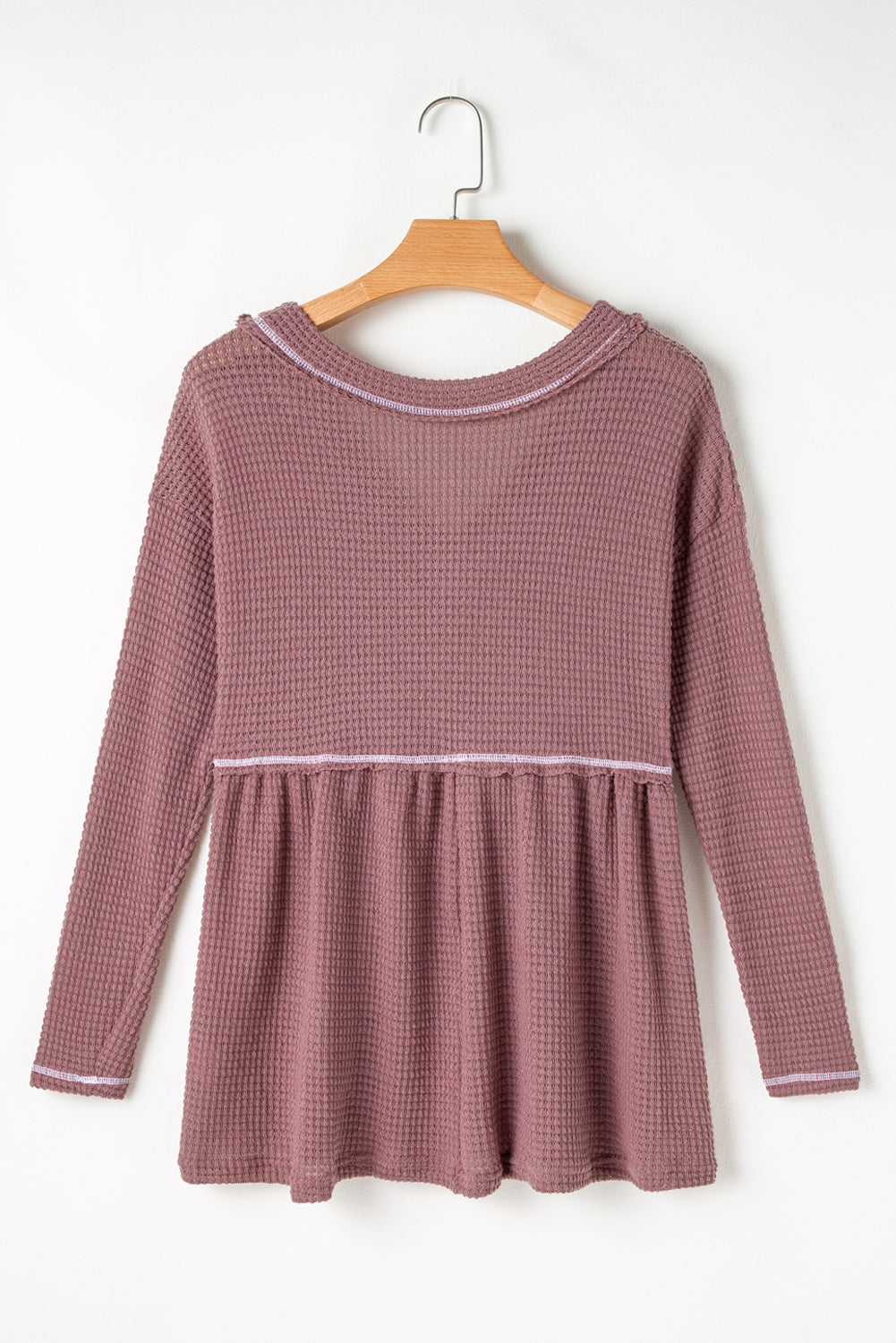 Waffle Knit V Neck Long Sleeve Babydoll Top | Pink