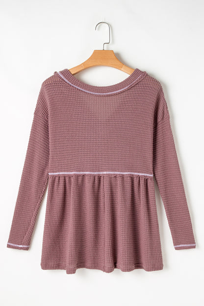 Waffle Knit V Neck Long Sleeve Babydoll Top | Pink