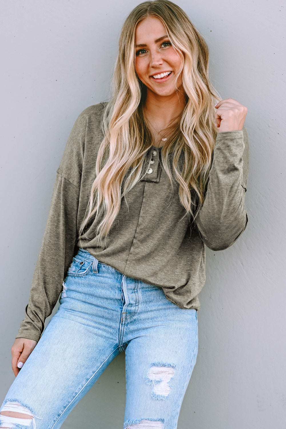 Khaki Long Sleeve V-Neck Stitching Henley Top