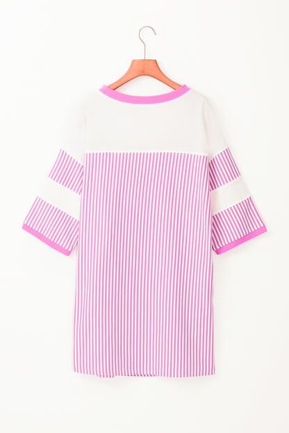 Striped Patchwork Three Quarters Sleeve Loose Mini Dress | Phalaenopsis