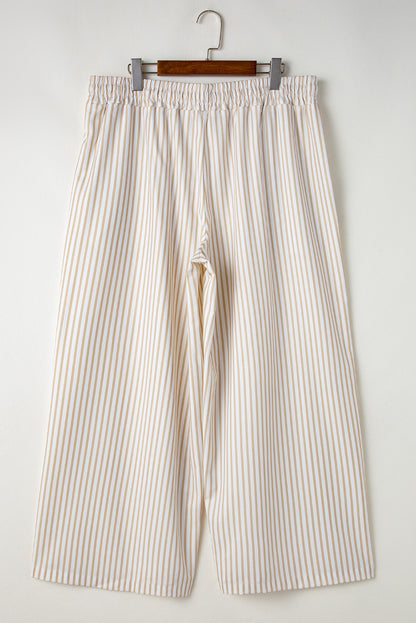 Plus Size Drawstring High Waist Wide Leg Pants | Khaki Stripe