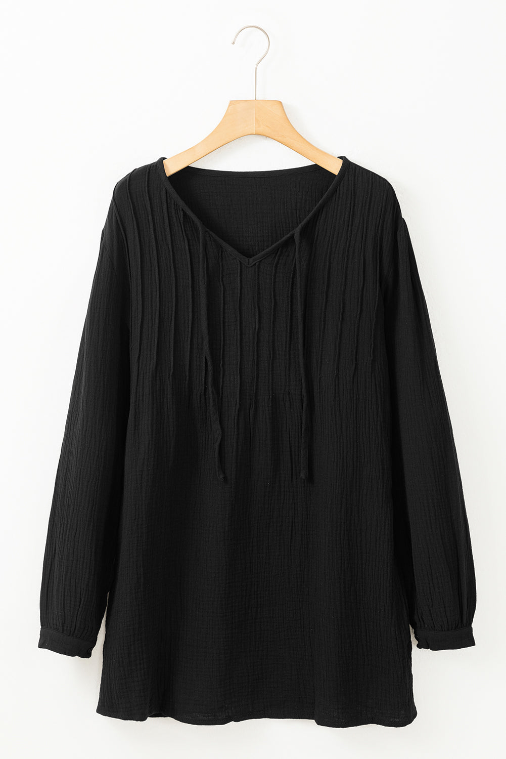 Casual Pleated V Neck Textured Loose Top | Black