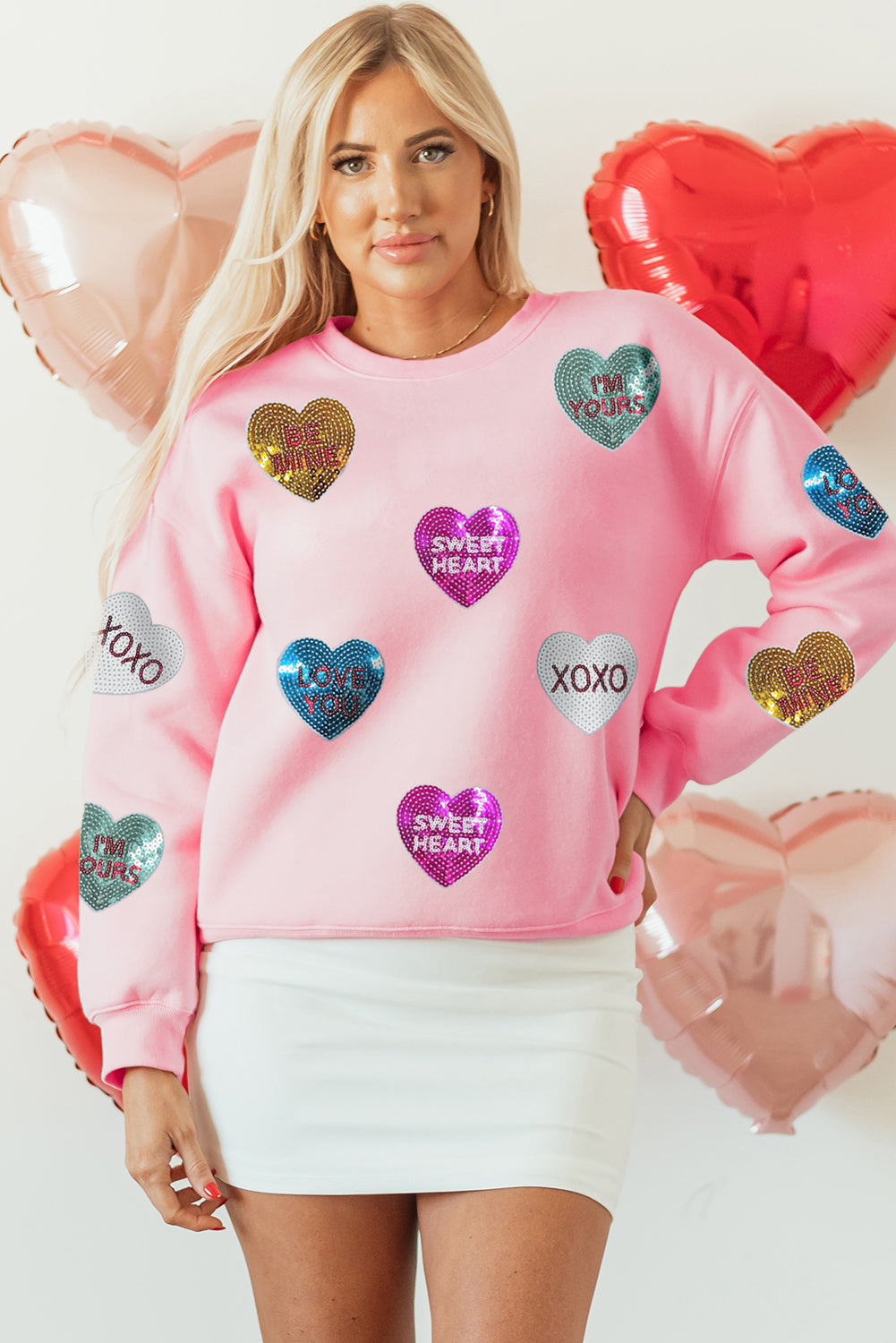 Sequin Romantic Letters Heart Graphic Valentines Sweatshirt | Pink