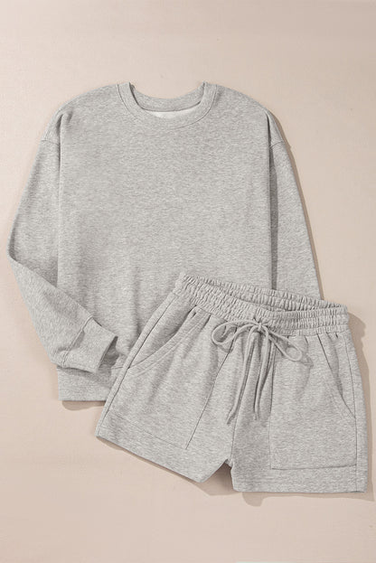 Solid Pullover Sweatshirt And Shorts 2 Piece Set | Light Grey