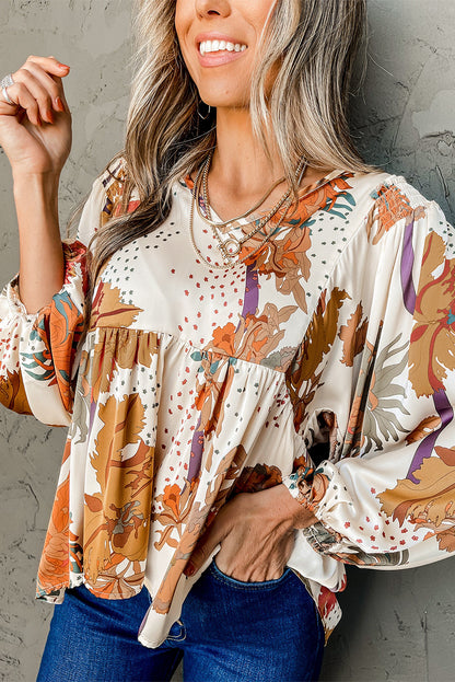 Floral Print V Neck Babydoll Blouse | Multicolour