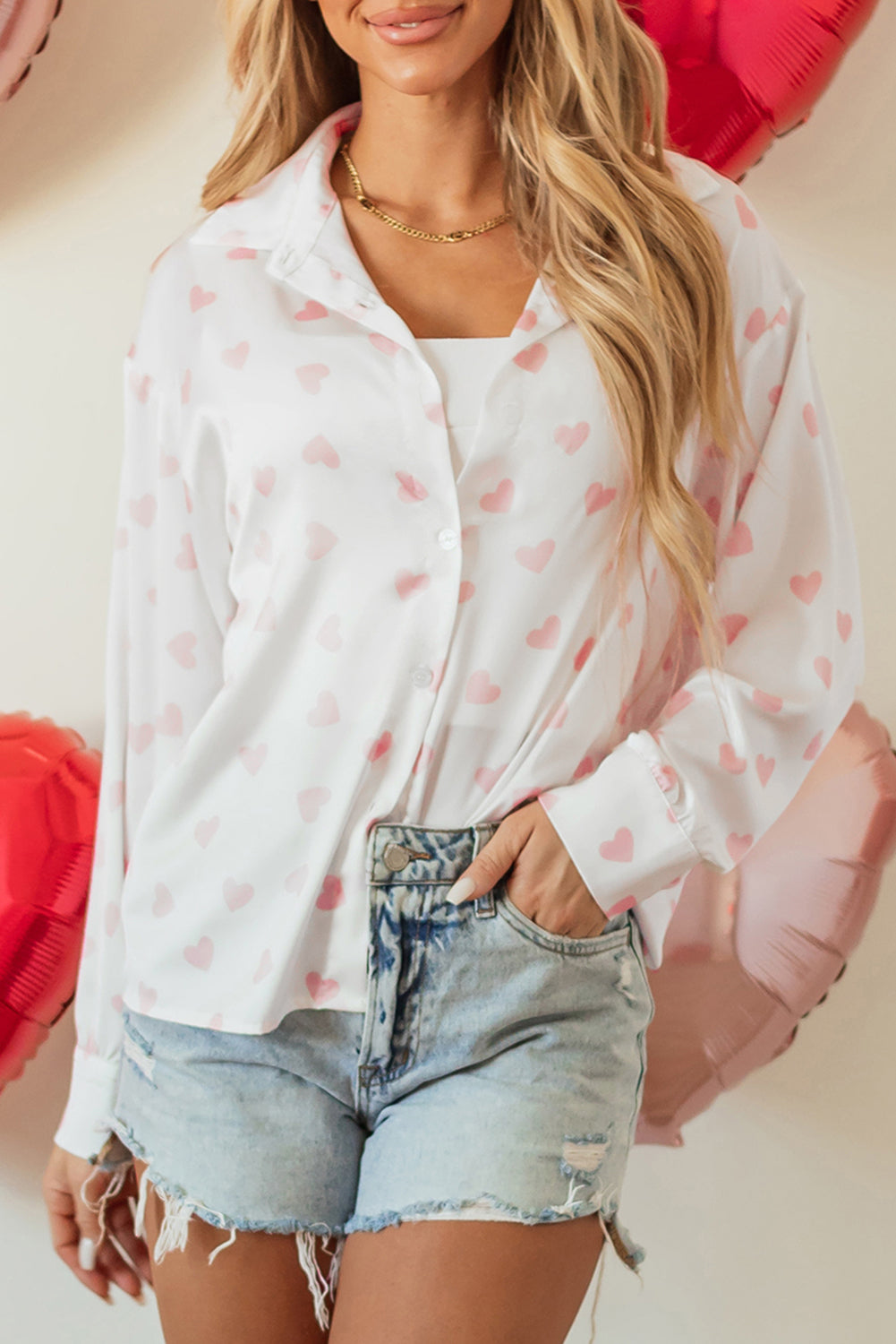 Love Heart Print Drop Shoulder Puff Sleeve Shirt | White