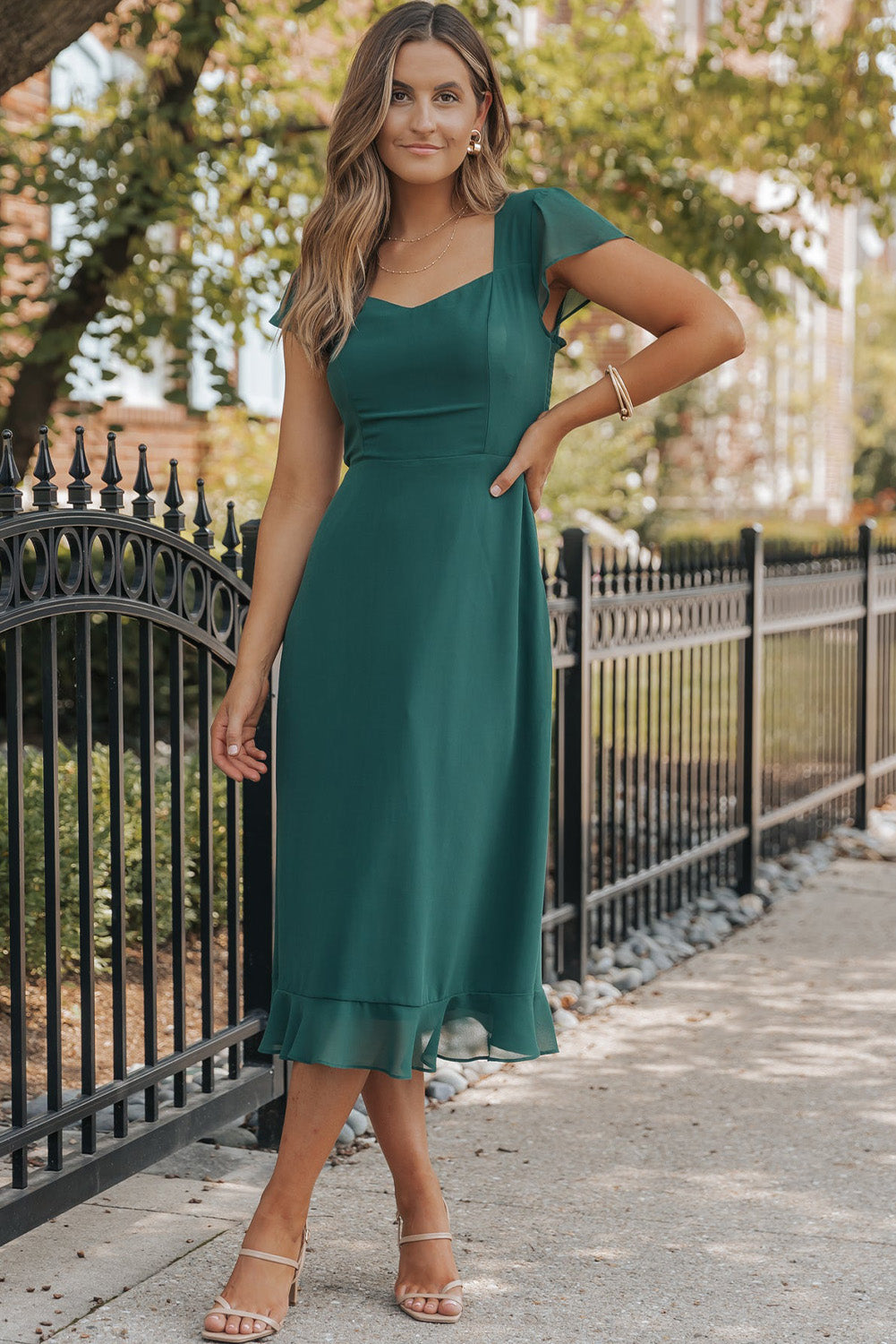 Shirred Open Back Sweetheart Neck Ruffled Midi Dress | Sea Green